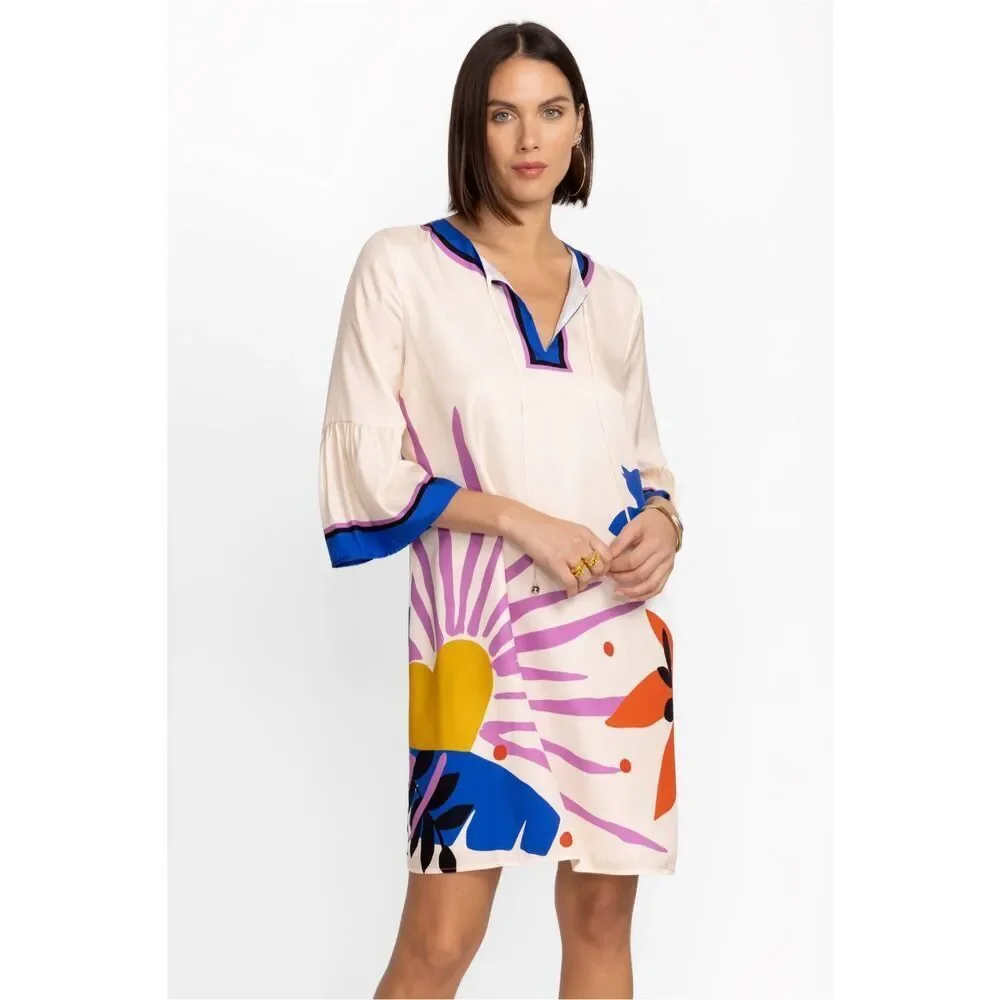 Jade by Johnny Was Lorianne Silk Blend Printed Mini Dress Cream Multi Size L